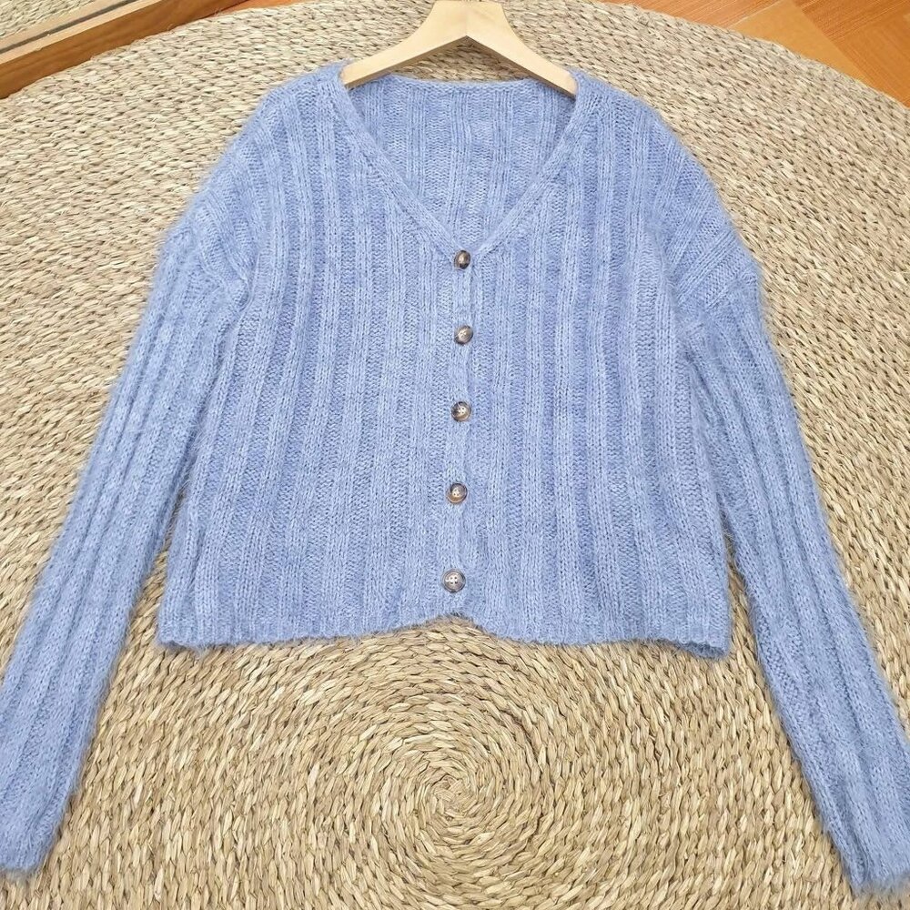 Soft Periwinkle Ribbed Knit Button Cardigan Cozy Sweater